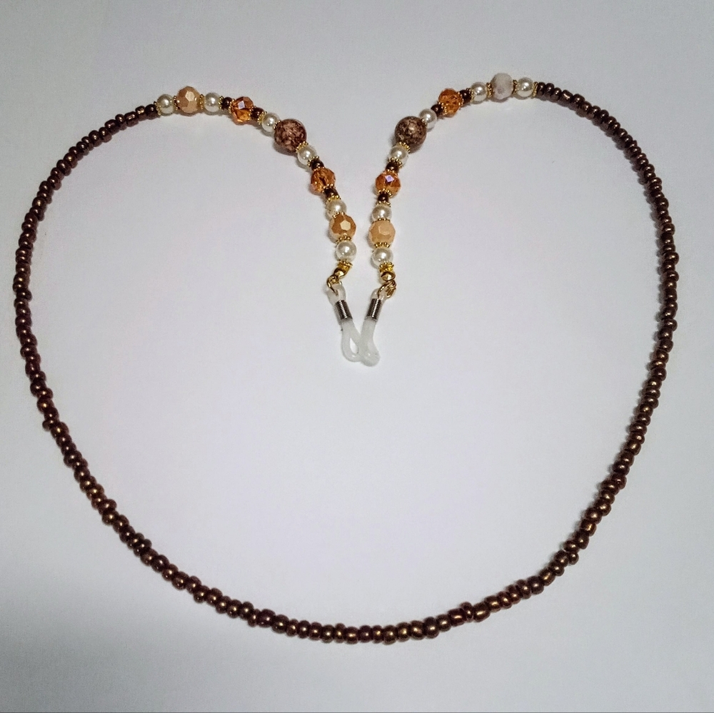 27" Handmade Orange Crystal Brown & White Glass Beads Faux Pearl Eyeglass Chain
